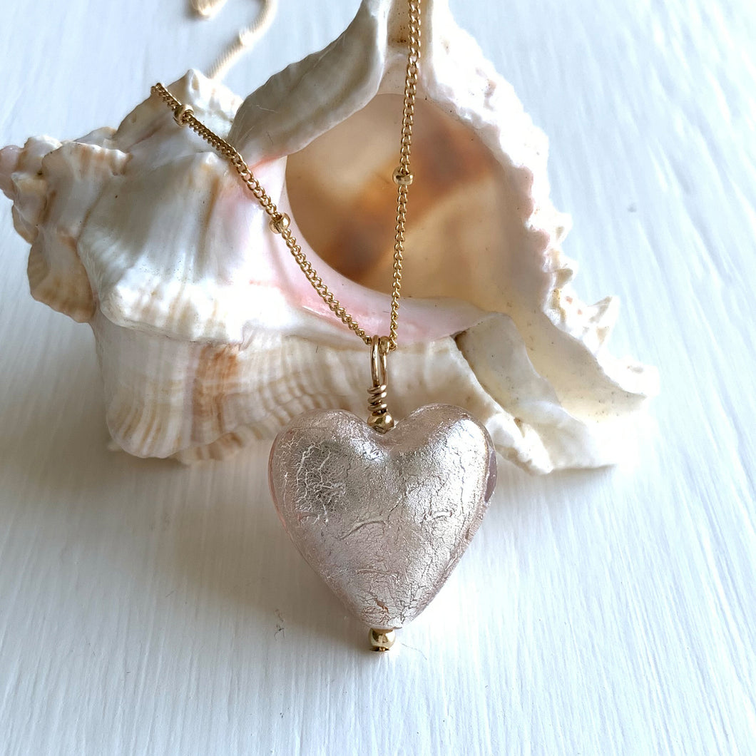 Necklace with champagne (pink) Murano glass medium heart pendant on gold chain