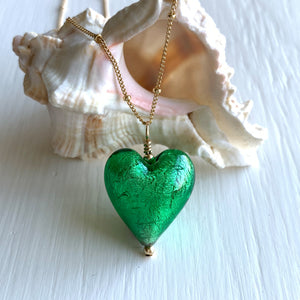 Necklace with dark green (emerald) Murano glass medium heart pendant on gold chain