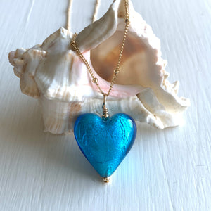 Necklace with turquoise (blue) Murano glass medium heart pendant on gold chain