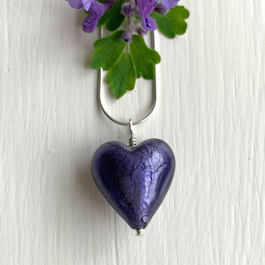 Necklace with purple velvet Murano glass medium heart pendant on silver chain