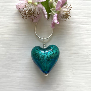 Necklace with sea green (jade, teal) Murano glass medium heart pendant on silver chain