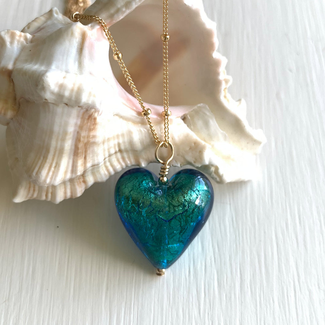 Necklace with sea green (jade, teal) Murano glass medium heart pendant on gold chain