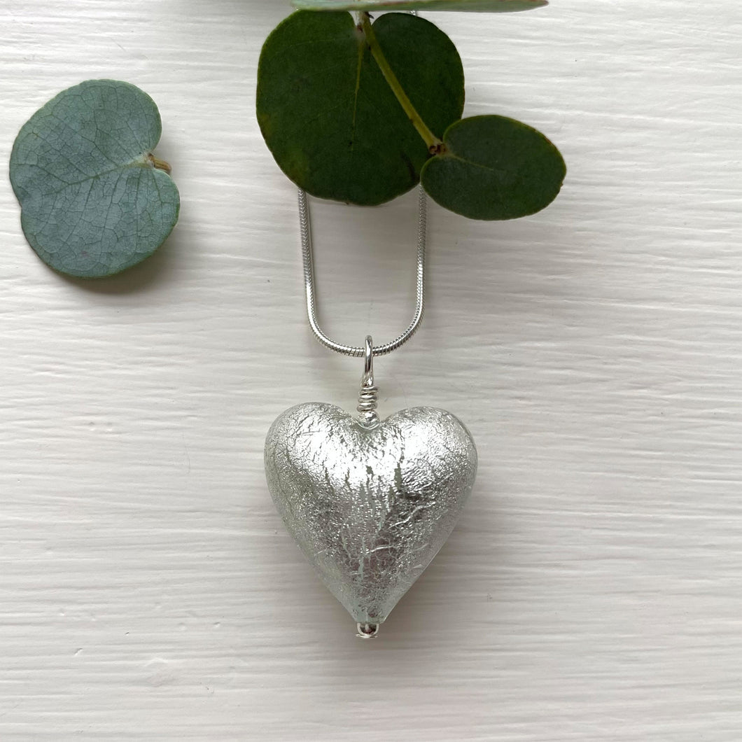 Necklace with clear crystal and white gold Murano glass medium heart pendant on chain