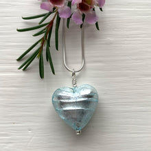 Necklace with aqua (blue) and silver Murano glass medium heart pendant on silver chain