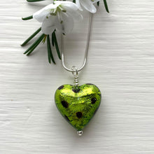 Necklace with olive green and black Murano glass medium heart pendant on silver chain