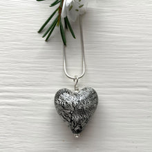 Necklace with black and silver crackle Murano glass medium heart on silver snake chain