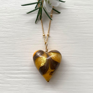 Necklace with byzantine dark yellow Murano glass medium heart pendant on gold satellite chain
