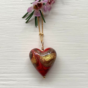 Necklace with byzantine red Murano glass medium heart pendant on gold satellite chain