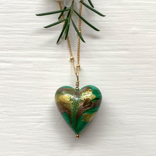 Necklace with byzantine green Murano glass medium heart pendant on gold satellite chain