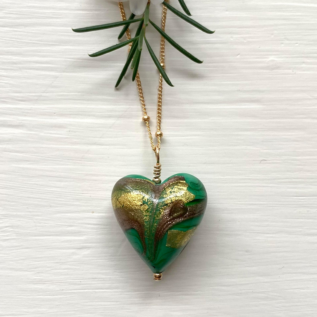 Necklace with byzantine green Murano glass medium heart pendant on gold satellite chain
