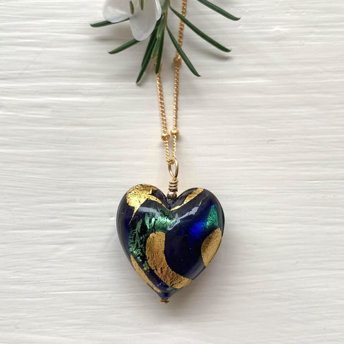 Necklace with dark blue, sea green, gold Murano glass medium heart pendant on gold chain