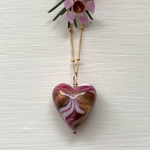 Necklace with byzantine pink Murano glass medium heart pendant on gold satellite chain