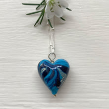 Necklace with byzantine blue Murano glass medium heart pendant on silver satellite chain