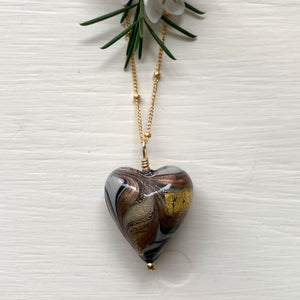 Necklace with byzantine grey Murano glass medium heart pendant on gold satellite chain