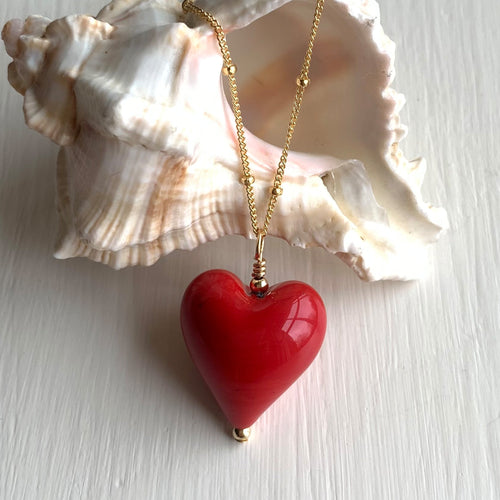 Necklace with red pastel Murano glass medium heart pendant on gold chain