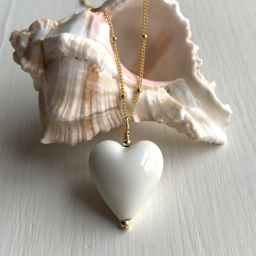Necklace with ivory (white, cream) pastel Murano glass medium heart pendant on gold chain