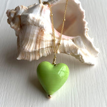 Necklace with green pastel Murano glass medium heart pendant on gold satellite chain
