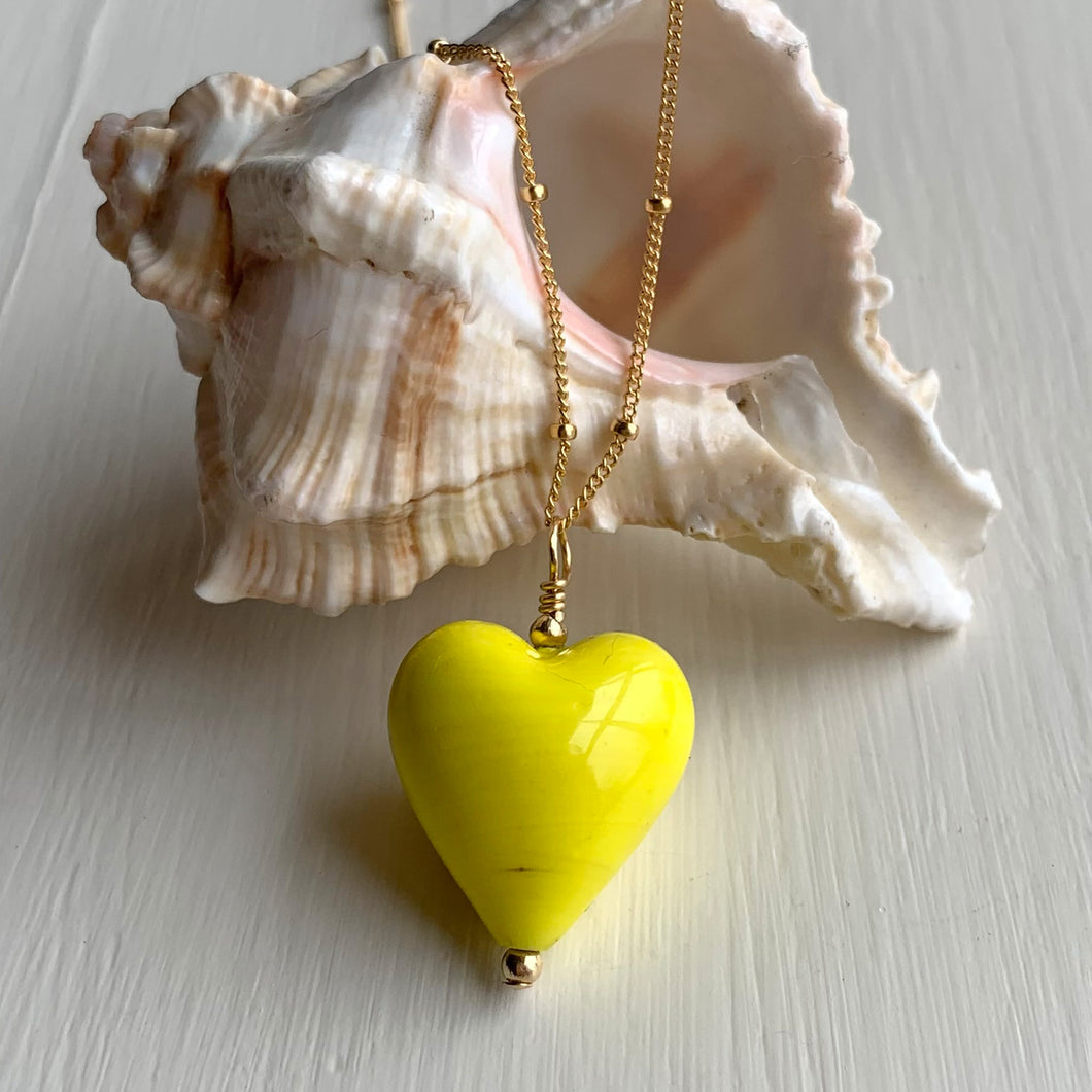 Necklace with yellow pastel Murano glass medium heart pendant on gold chain