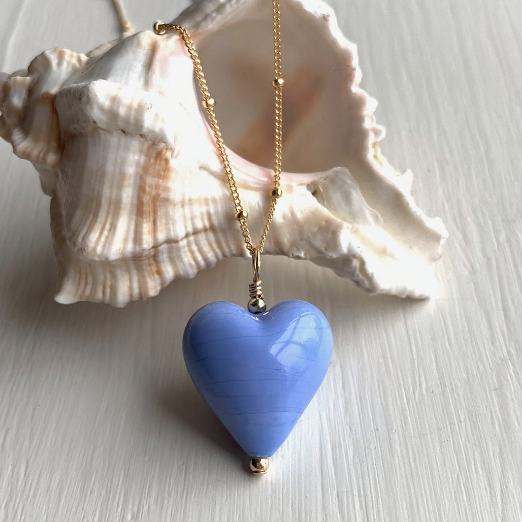 Necklace with periwinkle (blue) pastel Murano glass medium heart pendant on gold chain