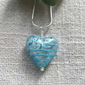 Necklace with blue spiral and silver Murano glass medium heart pendant on silver chain