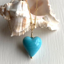 Necklace with turquoise (blue) pastel Murano glass medium heart pendant on gold satellite chain