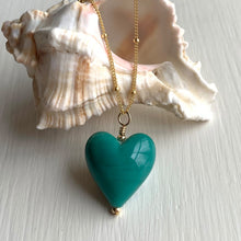 Necklace with teal (green, jade) pastel Murano glass medium heart pendant on gold chain