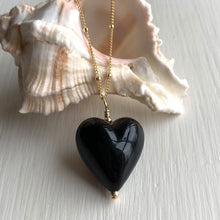 Necklace with black pastel Murano glass medium heart pendant on gold satellite chain