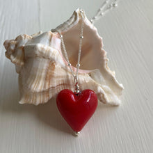 Necklace with red pastel Murano glass medium heart pendant on silver chain