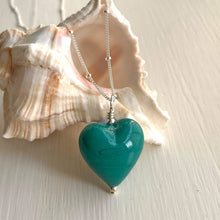 Necklace with teal (green, jade) pastel Murano glass medium heart pendant on silver chain