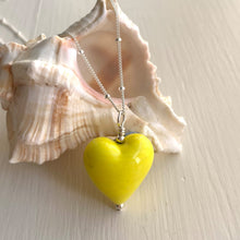 Necklace with yellow pastel Murano glass medium heart pendant on silver chain