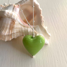Necklace with green pastel Murano glass medium heart pendant on silver chain
