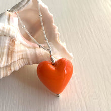 Necklace with orange pastel Murano glass medium heart pendant on silver chain