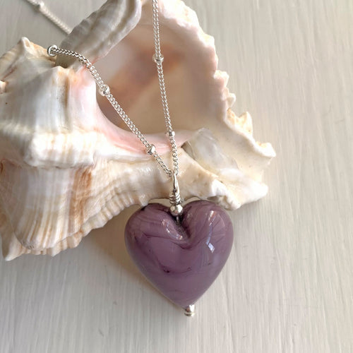 Necklace with purple pastel Murano glass medium heart pendant on silver chain