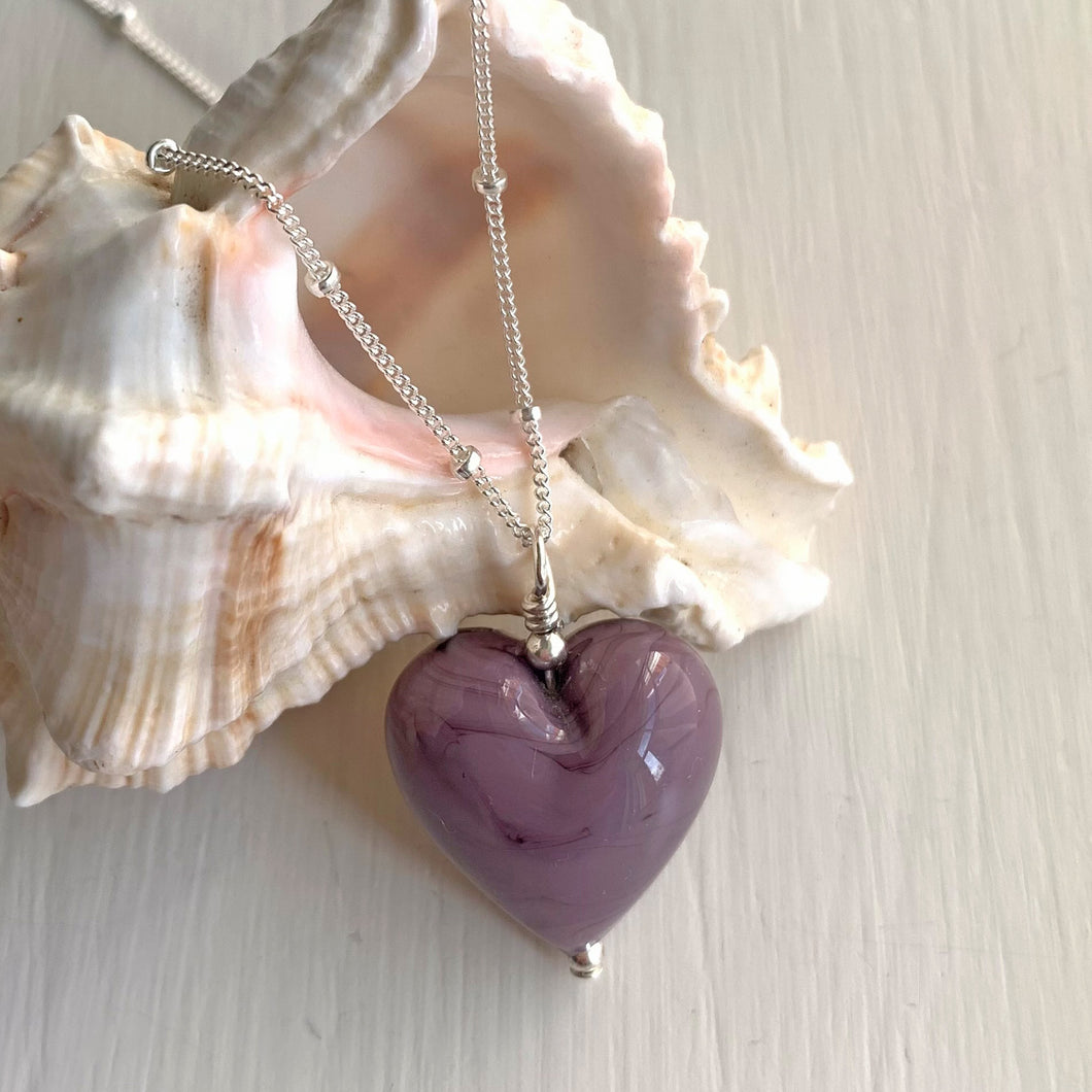 Necklace with purple pastel Murano glass medium heart pendant on silver chain