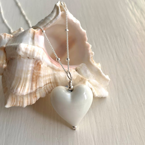 Necklace with ivory (white, cream) pastel Murano glass medium heart pendant on silver chain