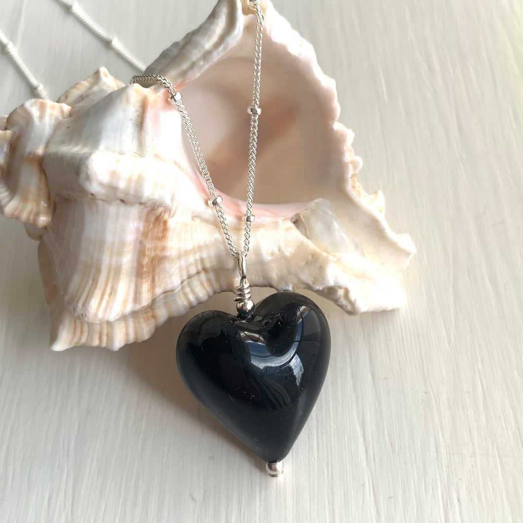 Necklace with black pastel Murano glass medium heart pendant on silver satellite chain