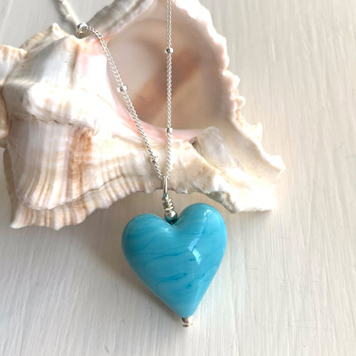 Necklace with turquoise (blue) pastel Murano glass medium heart pendant on silver chain