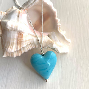 Necklace with turquoise (blue) pastel Murano glass medium heart pendant on silver chain
