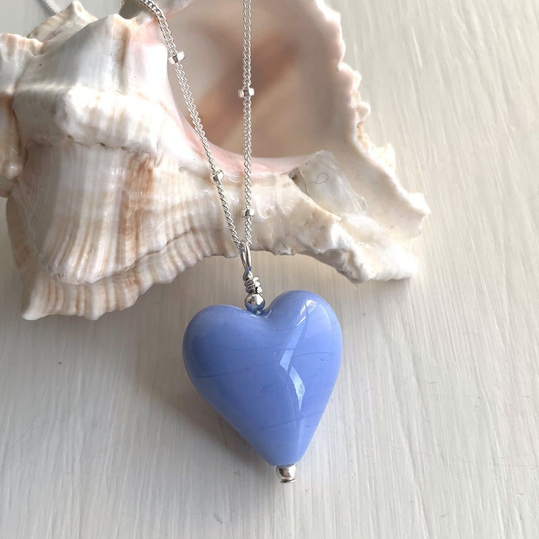 Necklace with periwinkle (blue) pastel Murano glass medium heart pendant on silver chain