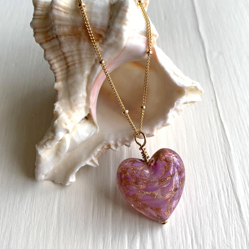 Necklace with pink dust and aventurine dust Murano glass medium heart pendant on gold satellite chain