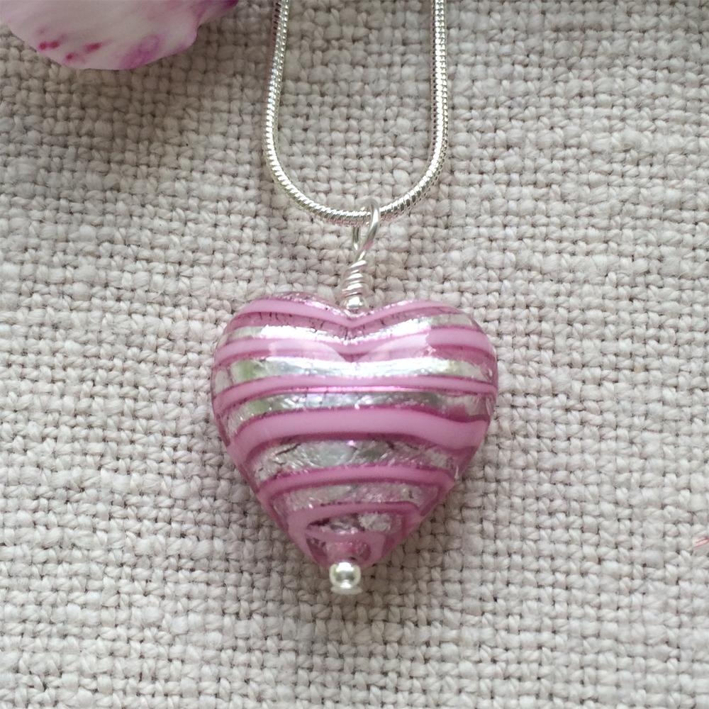 Necklace with pink spiral and silver Murano glass medium heart pendant on silver chain