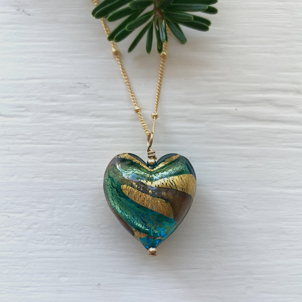 Necklace with teal and aventurine swirl Murano glass medium heart pendant on gold chain