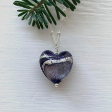 Necklace with purple velvet violet swirl Murano glass medium heart pendant on silver chain