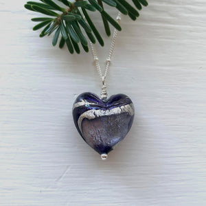 Necklace with purple velvet violet swirl Murano glass medium heart pendant on silver chain