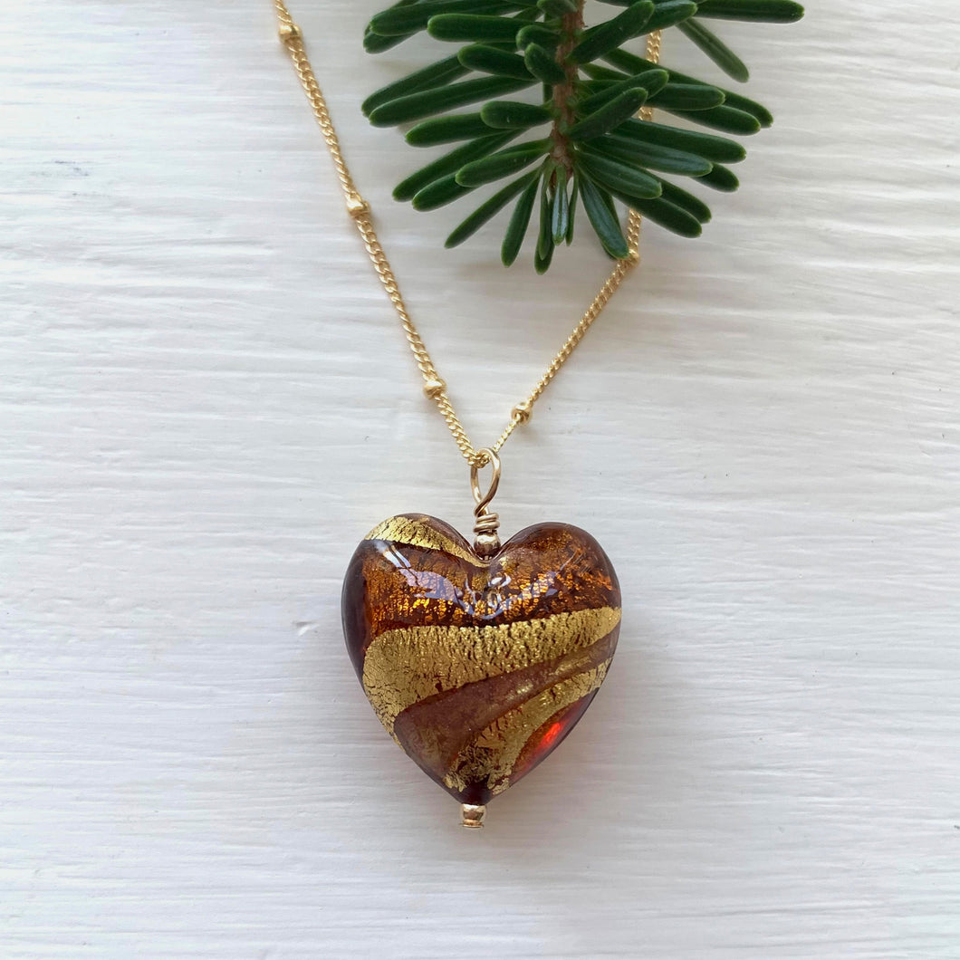 Necklace with brown topaz aventurine swirl Murano glass medium heart pendant on gold chain