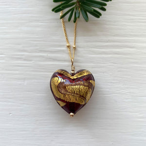 Necklace with red and aventurine swirl Murano glass medium heart pendant on gold chain