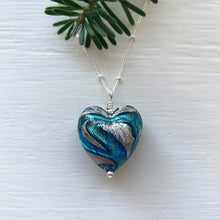 Necklace with turquoise (blue) and teal swirl Murano glass medium heart pendant on silver chain