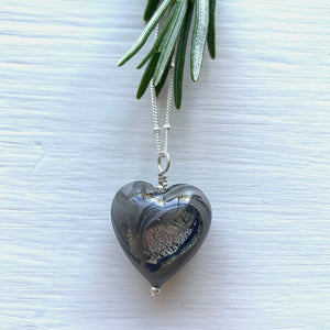 Necklace with byzantine grey Murano glass medium heart pendant on silver satellite chain