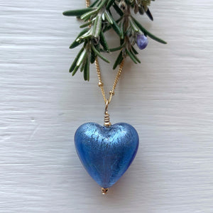 Necklace with cornflower blue Murano glass medium heart pendant on gold satellite chain