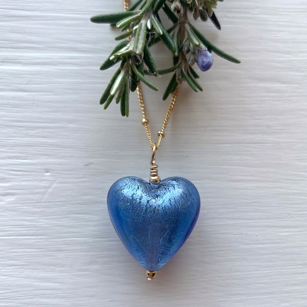 Necklace with cornflower blue Murano glass medium heart pendant on gold satellite chain